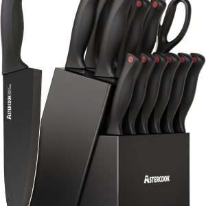 Astercook Kitchen Knife Set with Sharpener – Stainless Steel
