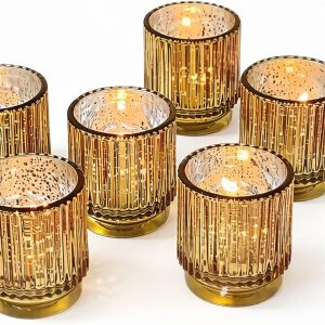 Kate Aspen Amber Ribbed Glass Votive Candle Holders – Set of 6