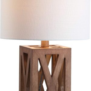 JONATHAN Y Stewart Rustic Wood Table Lamp 21.5in – Brown with White Linen Shade