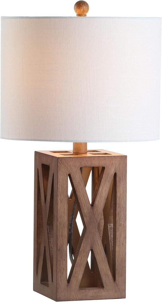 JONATHAN Y Stewart Rustic Wood Table Lamp 21.5in – Brown with White Linen Shade
